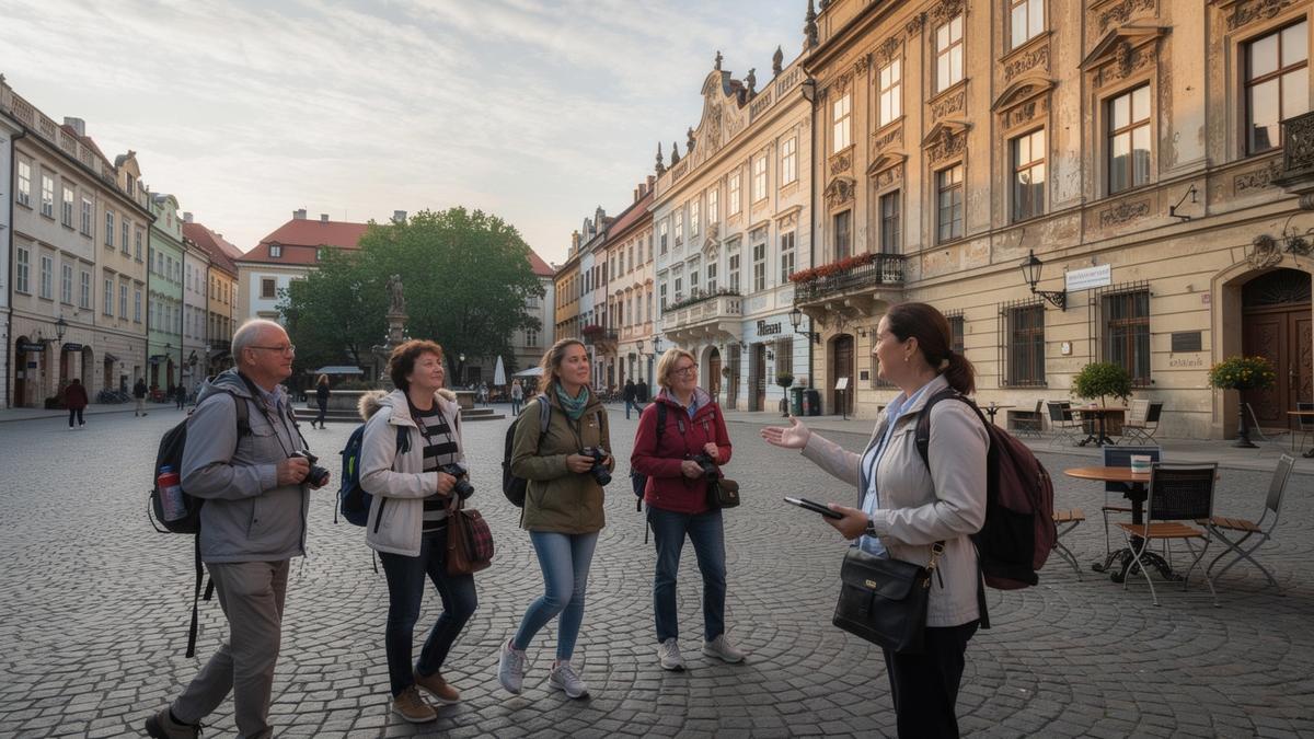 Tour group walking with a bilingual leader across a historic European square in early morning light